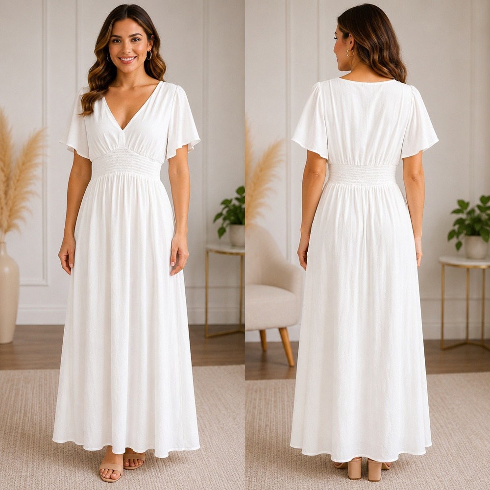 NWT Baltic Born Birdie Maxi Dress XL White Smocked Waist Flutter Sleeve Ethereal
